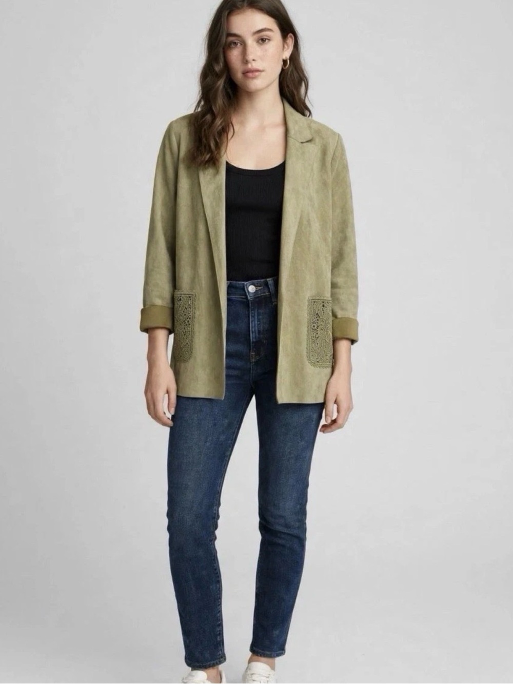 Solitaire Olive Green Suede Open Blazer